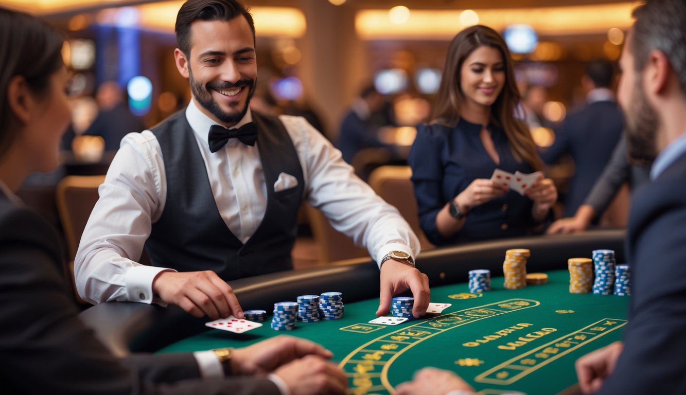 Seorang dealer blackjack langsung sedang membagikan kartu di meja kasino dengan pemain yang duduk di sekitarnya.