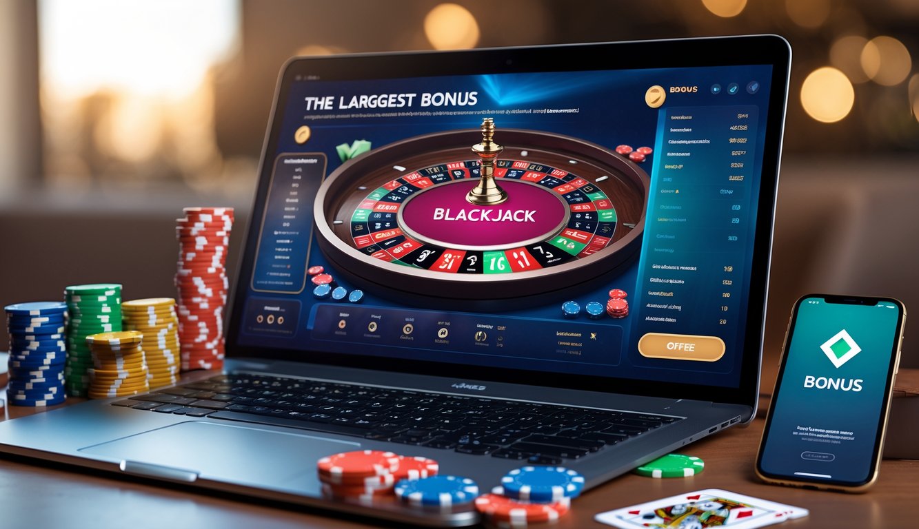 Sebuah meja dengan laptop yang menampilkan permainan blackjack online, dikelilingi oleh tumpukan chip poker dan kartu remi.