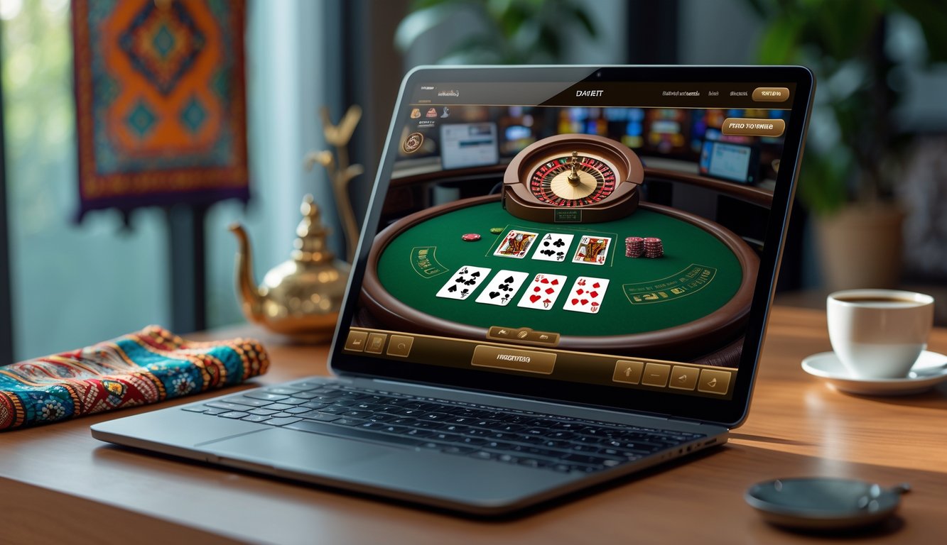 Seorang pengguna bermain blackjack online di depan laptop dengan latar belakang elemen budaya Indonesia.
