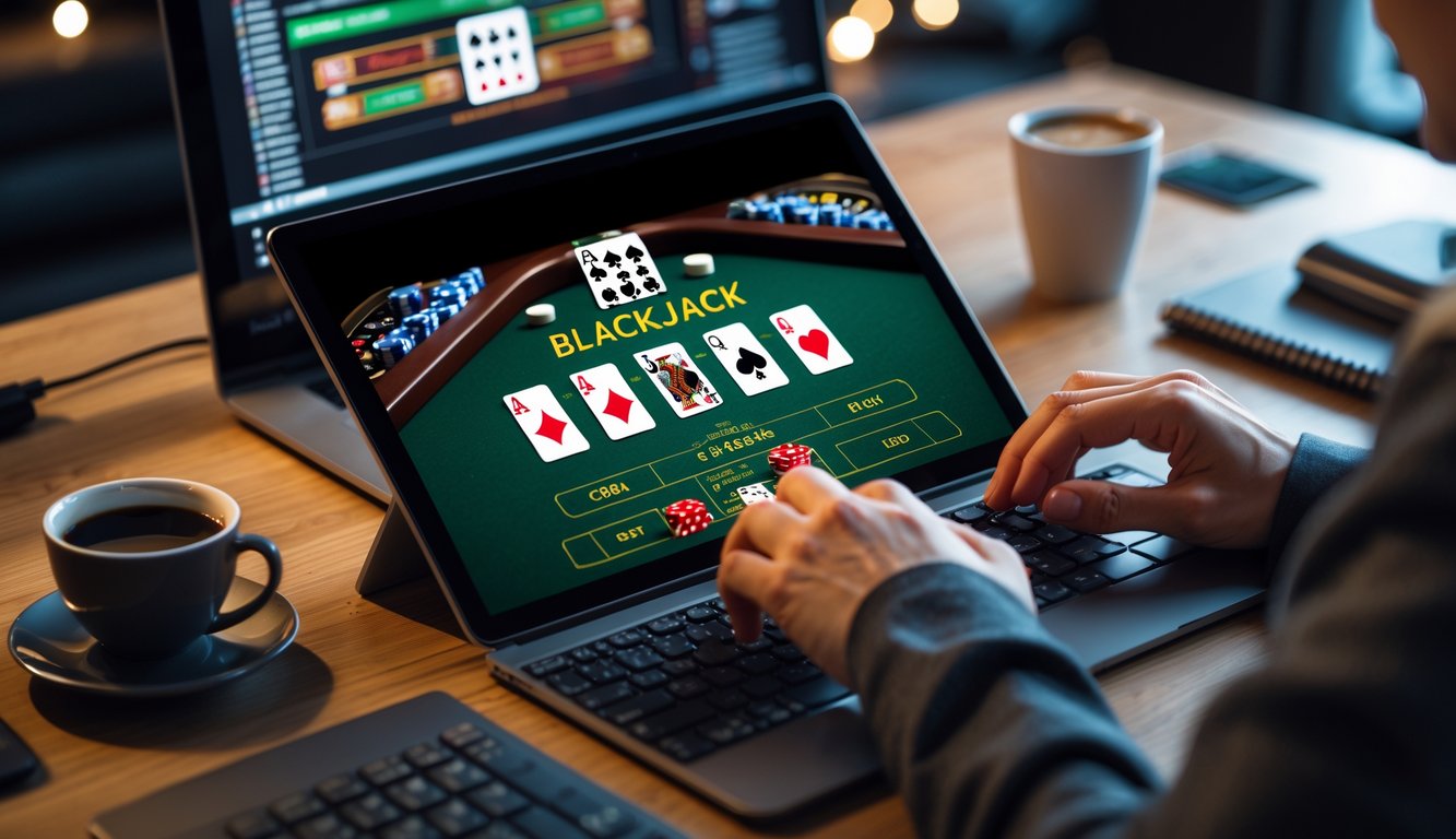 Seorang pemain sedang bermain blackjack online di depan komputer dengan kartu dan chip terlihat di layar.