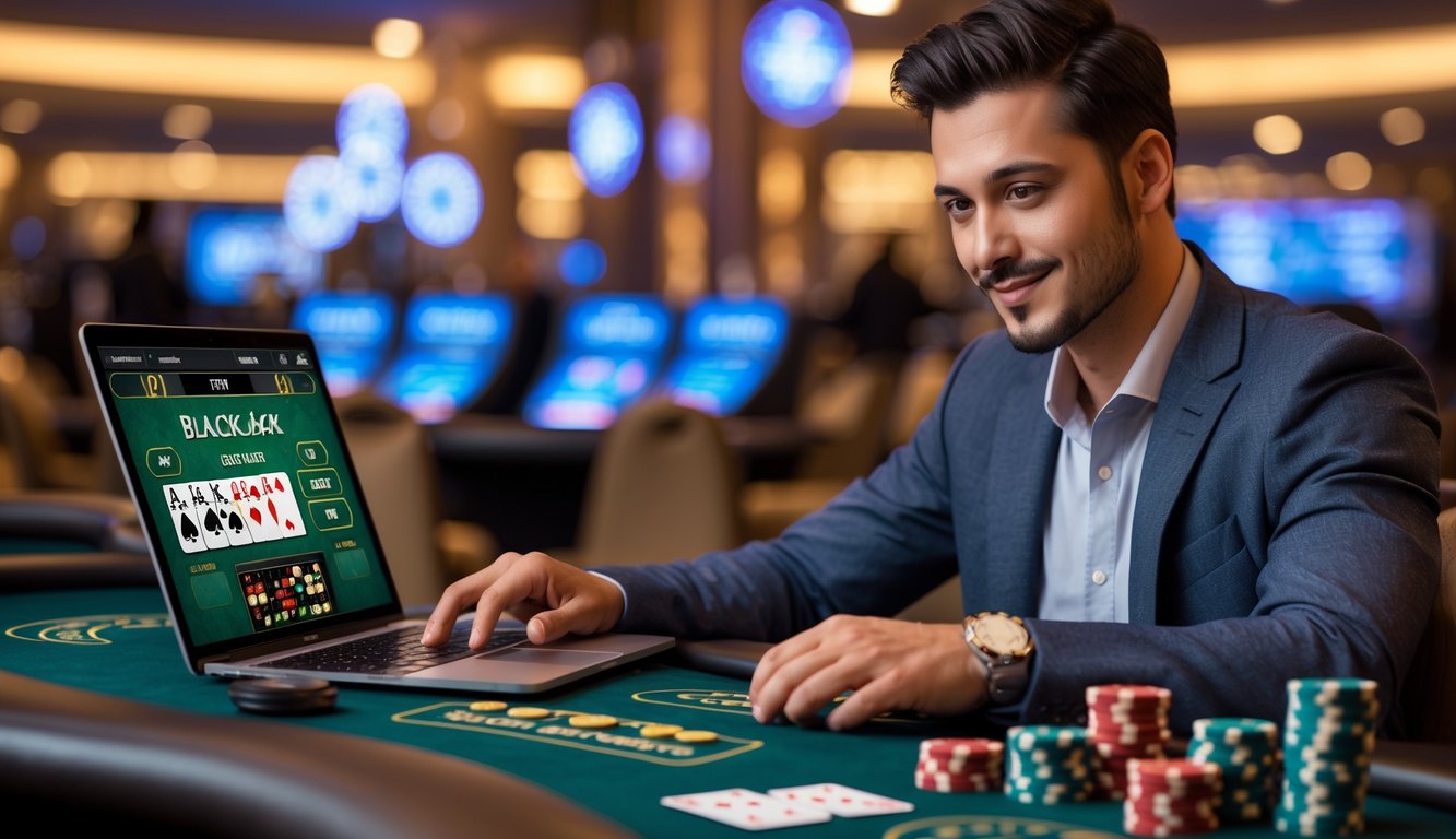 Seorang pria duduk di meja kasino dengan laptop, fokus bermain blackjack online dengan kartu dan chip di meja.