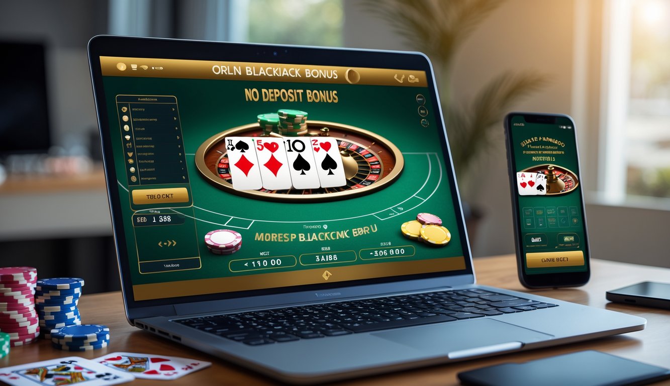 Seseorang bermain blackjack online di depan laptop dengan kartu remi dan chip poker di meja.
