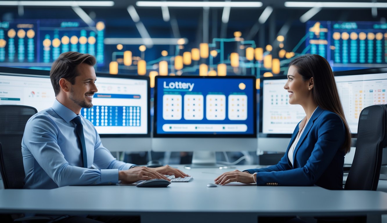 Dua orang profesional sedang bekerja di depan komputer dengan tampilan angka dan grafik di layar di sebuah kantor modern.