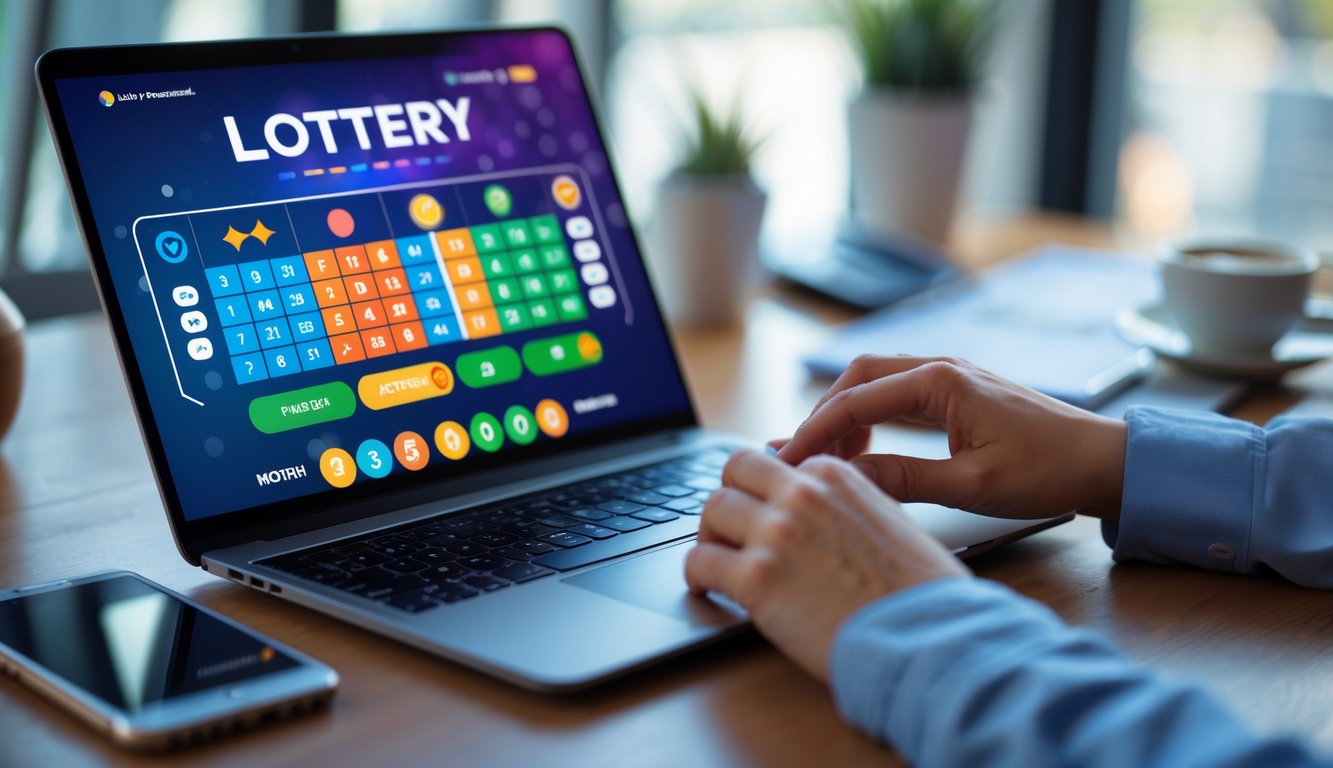 Seseorang menggunakan laptop di meja kerja dengan tampilan layar yang menunjukkan antarmuka lotere digital.