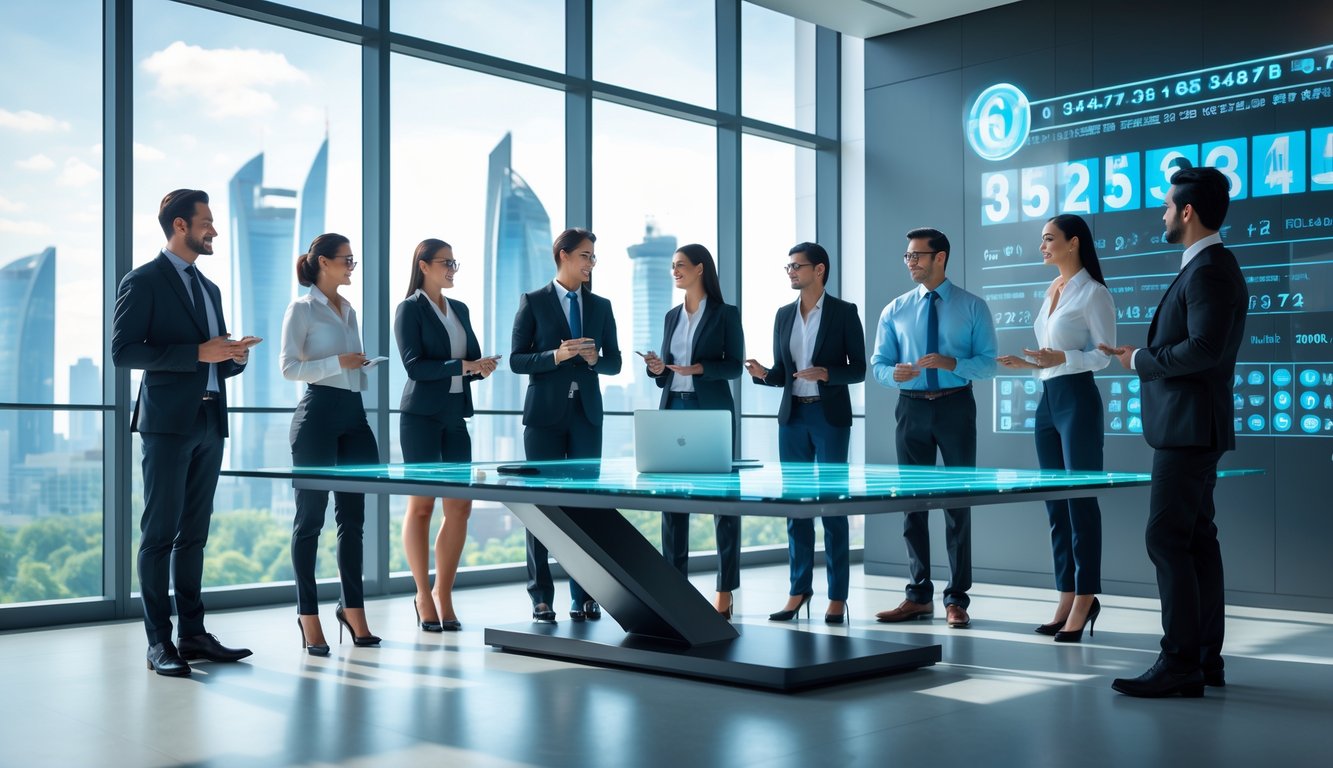 Sekelompok profesional bisnis sedang berdiskusi di ruang kantor modern dengan pemandangan kota di latar belakang.