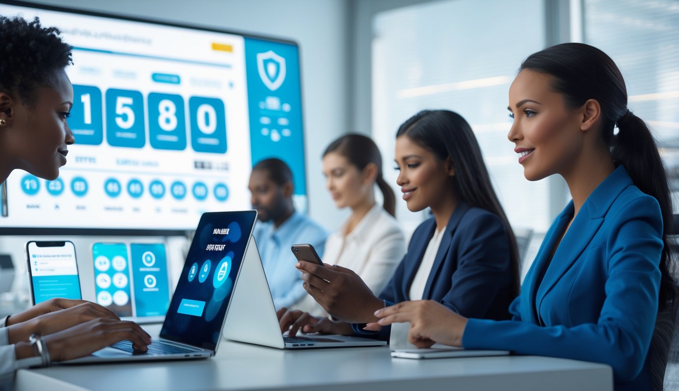 Sekelompok orang menggunakan laptop dan ponsel di ruangan modern yang terang, menunjukkan suasana kerja yang aman dan terpercaya.