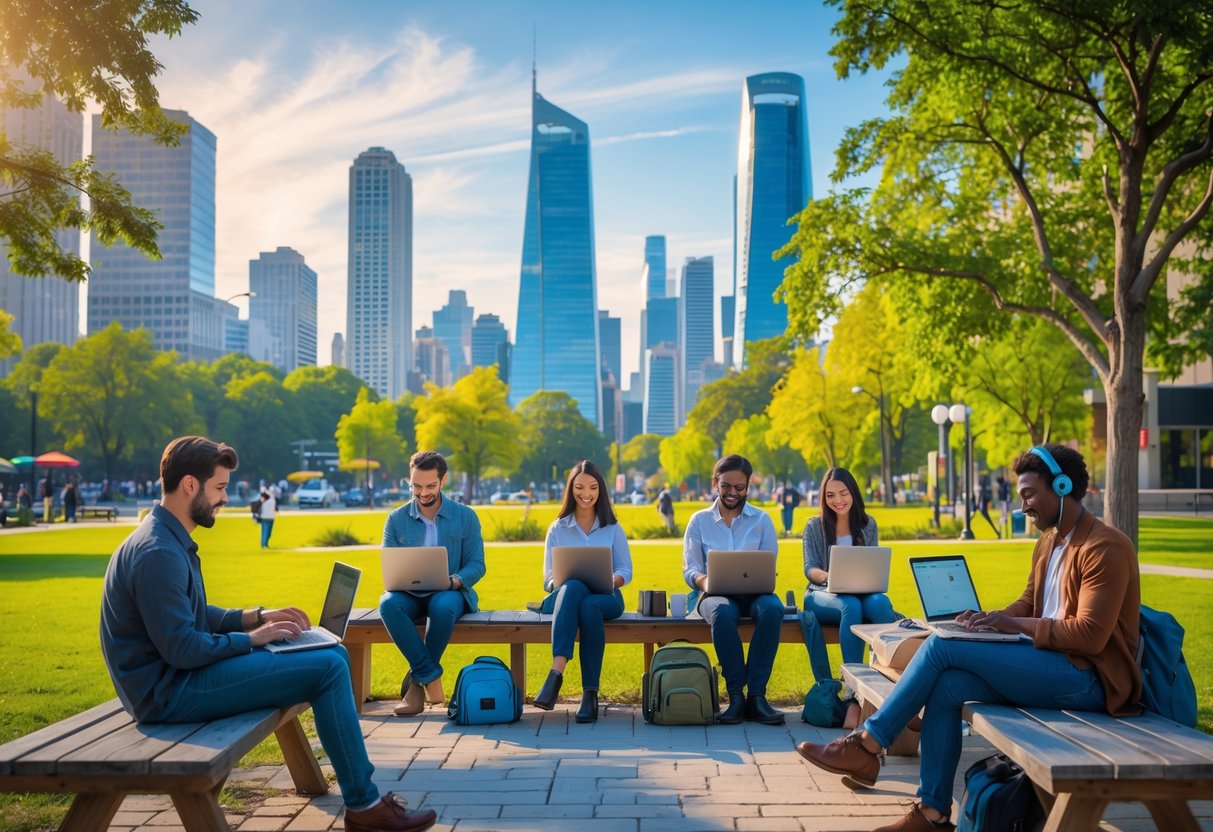 People working outdoors on laptops in a city park with tall buildings in the background on a sunny day.