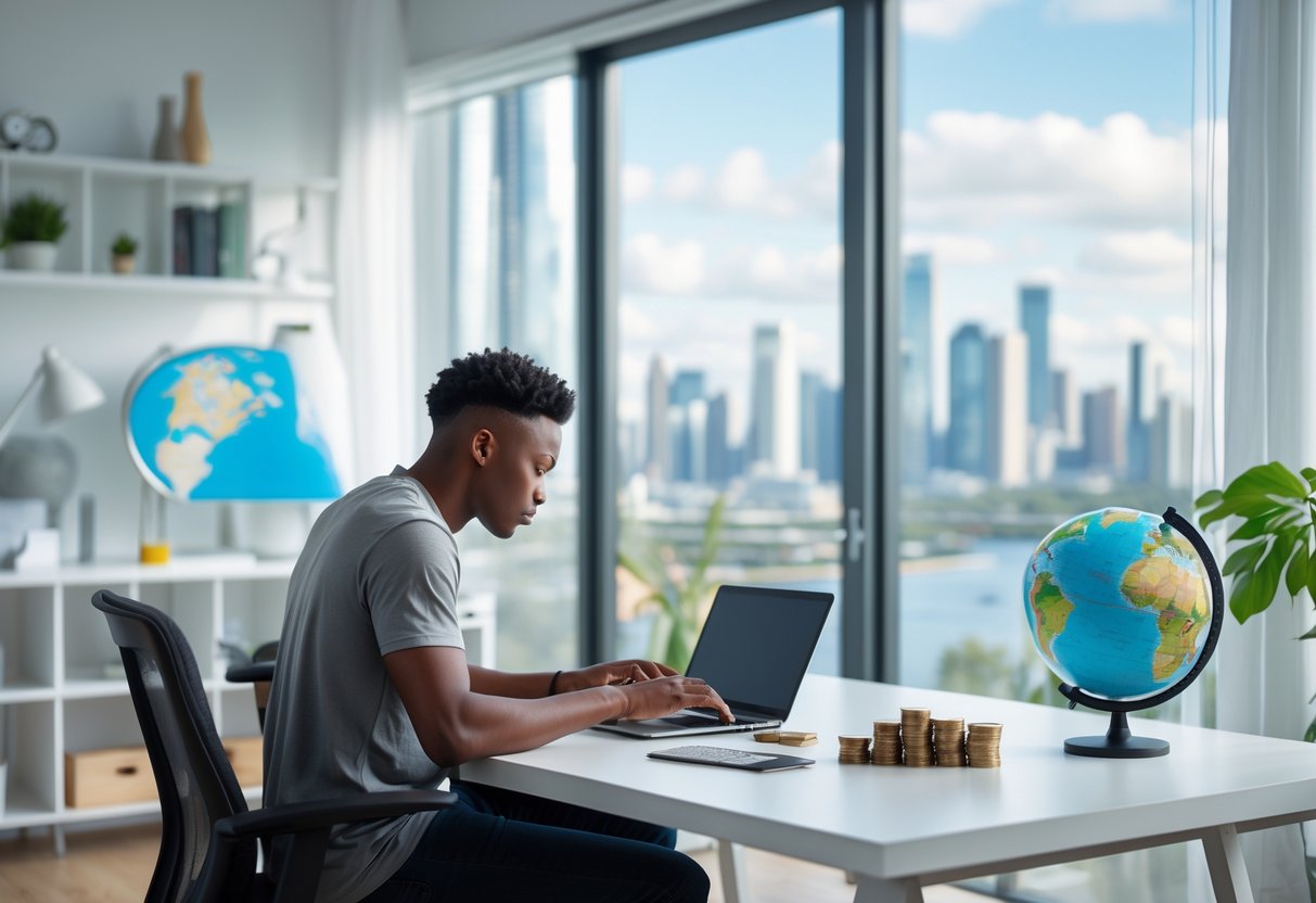 A remote worker sitting at a desk with a laptop in a bright home office, with a city skyline visible through the window and a map on the desk.