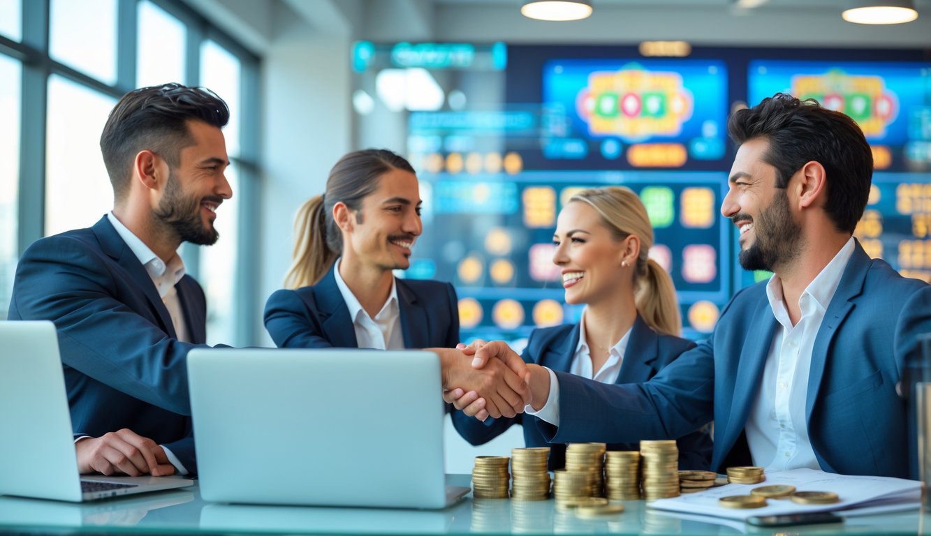 Sekelompok orang percaya diri merayakan keberhasilan di kantor modern dengan latar belakang grafik digital terkait undian dan hadiah besar.