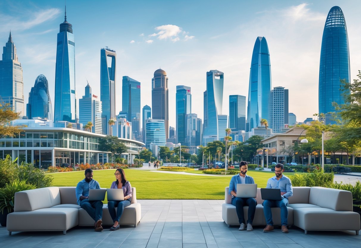 People working remotely on laptops and tablets in outdoor and indoor urban settings with a city skyline in the background.