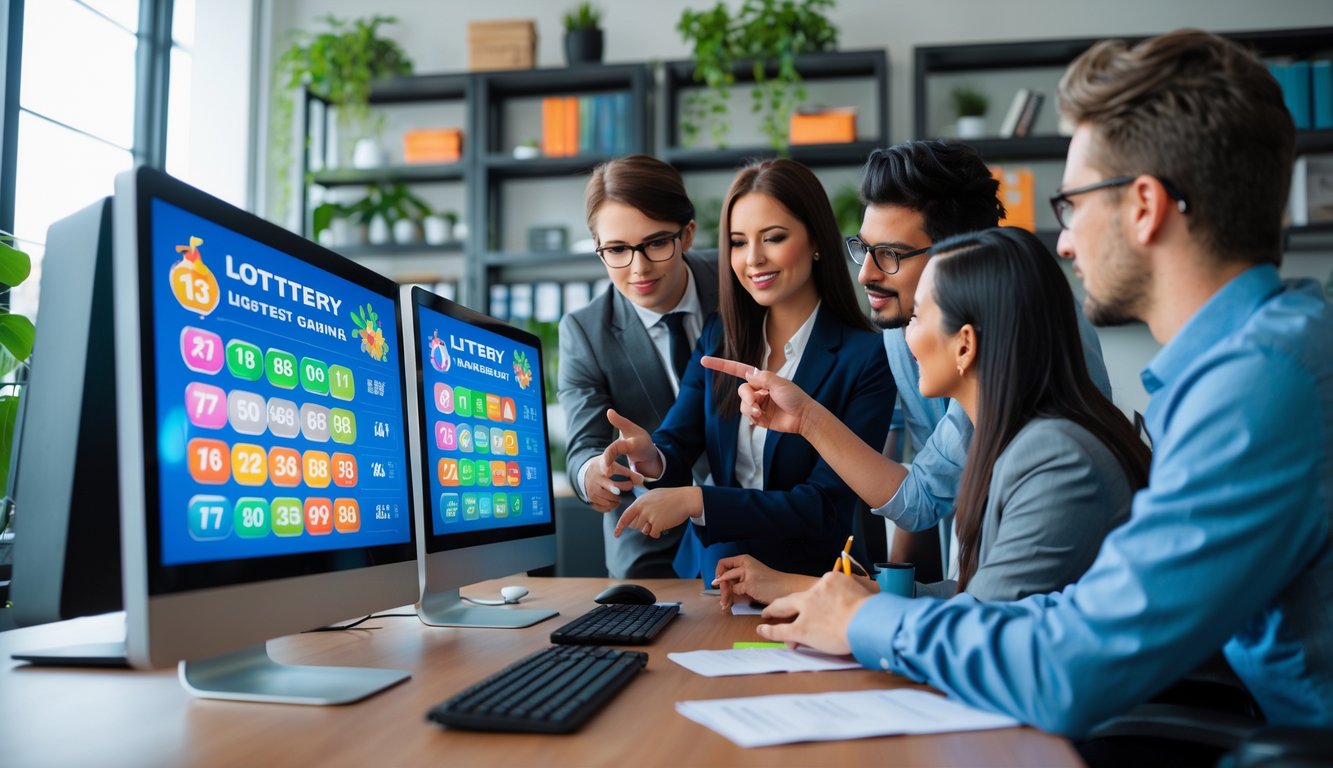 Orang-orang bekerja bersama di kantor modern dengan komputer dan layar yang menampilkan grafik dan angka terkait lotere.