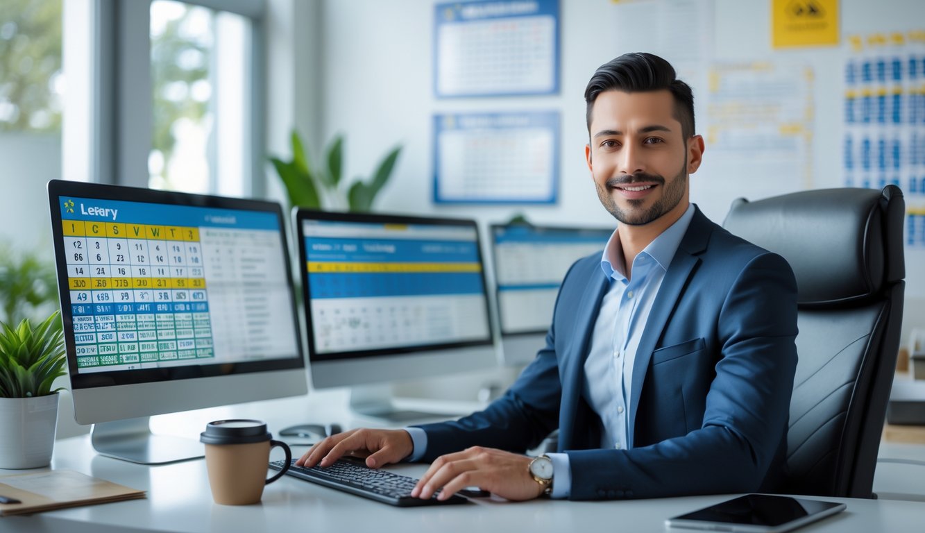 Seorang profesional sedang bekerja di kantor modern dengan layar komputer yang menampilkan angka lotere.