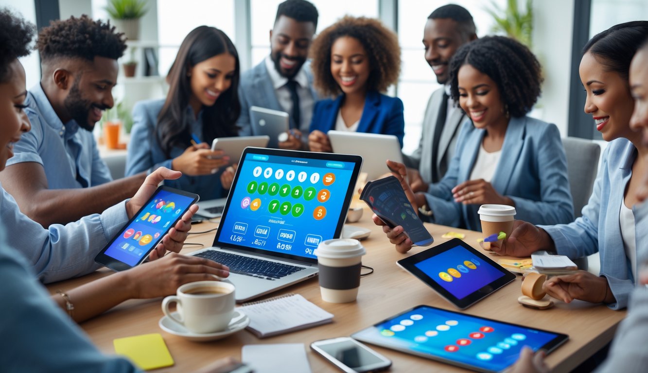 Beberapa orang sedang menggunakan perangkat digital untuk bermain permainan angka di lingkungan yang modern dan nyaman.