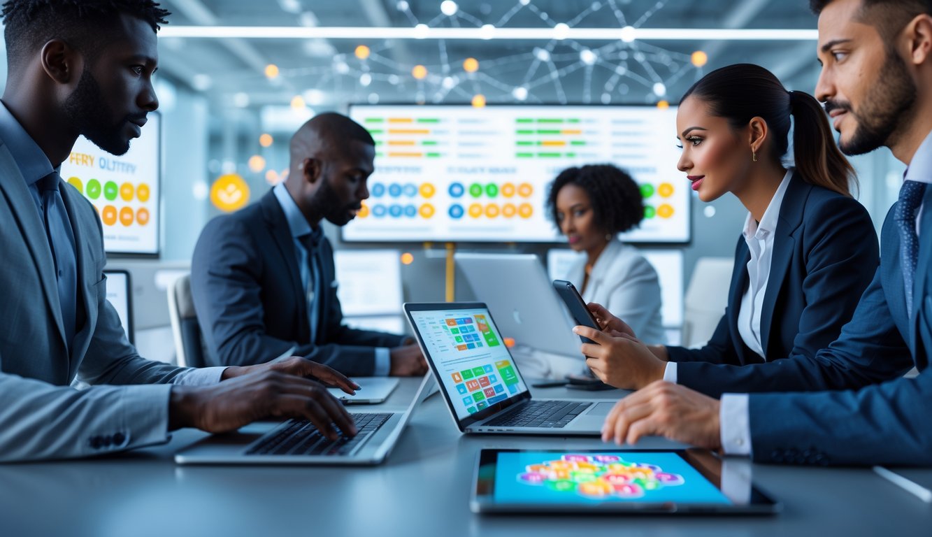 Orang-orang bekerja di kantor modern dengan perangkat digital yang menampilkan antarmuka lotere online.