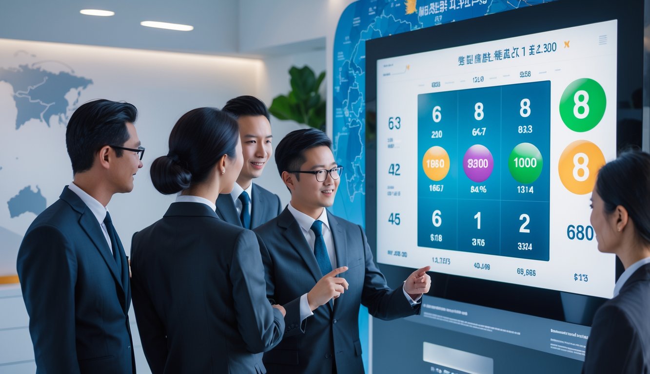 Sekelompok profesional Asia sedang berdiskusi di kantor modern dengan layar sentuh besar menampilkan angka dan grafik lotere.