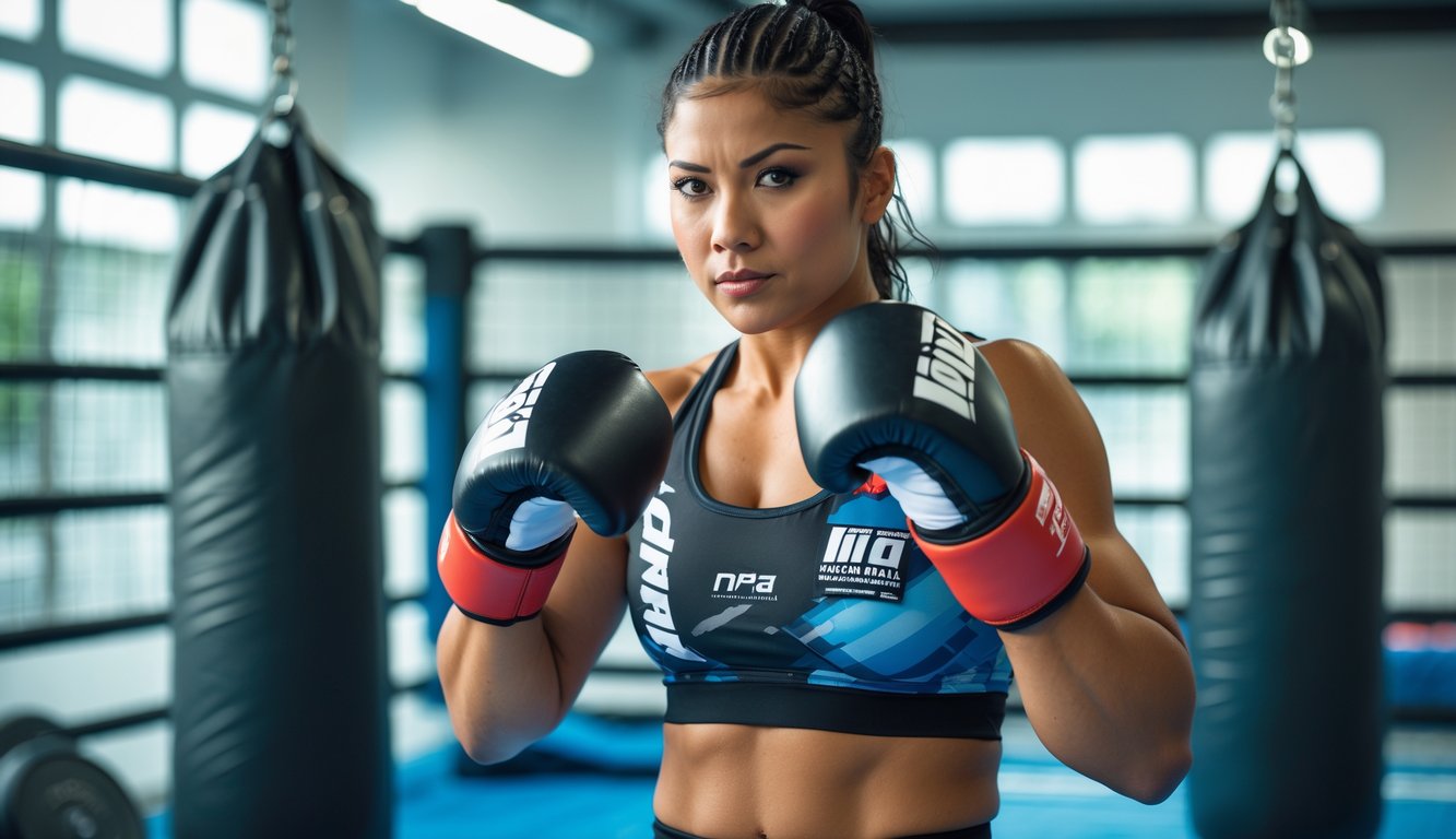 Seorang petarung MMA berdiri di dalam kandang latihan dengan alat gym di latar belakang.