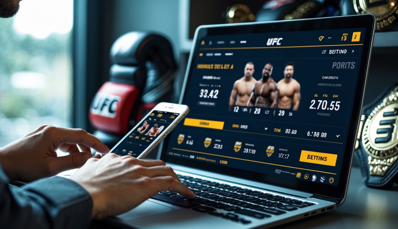 Seseorang menggunakan laptop dan ponsel untuk bertaruh pada pertandingan UFC secara online di ruang kerja modern.