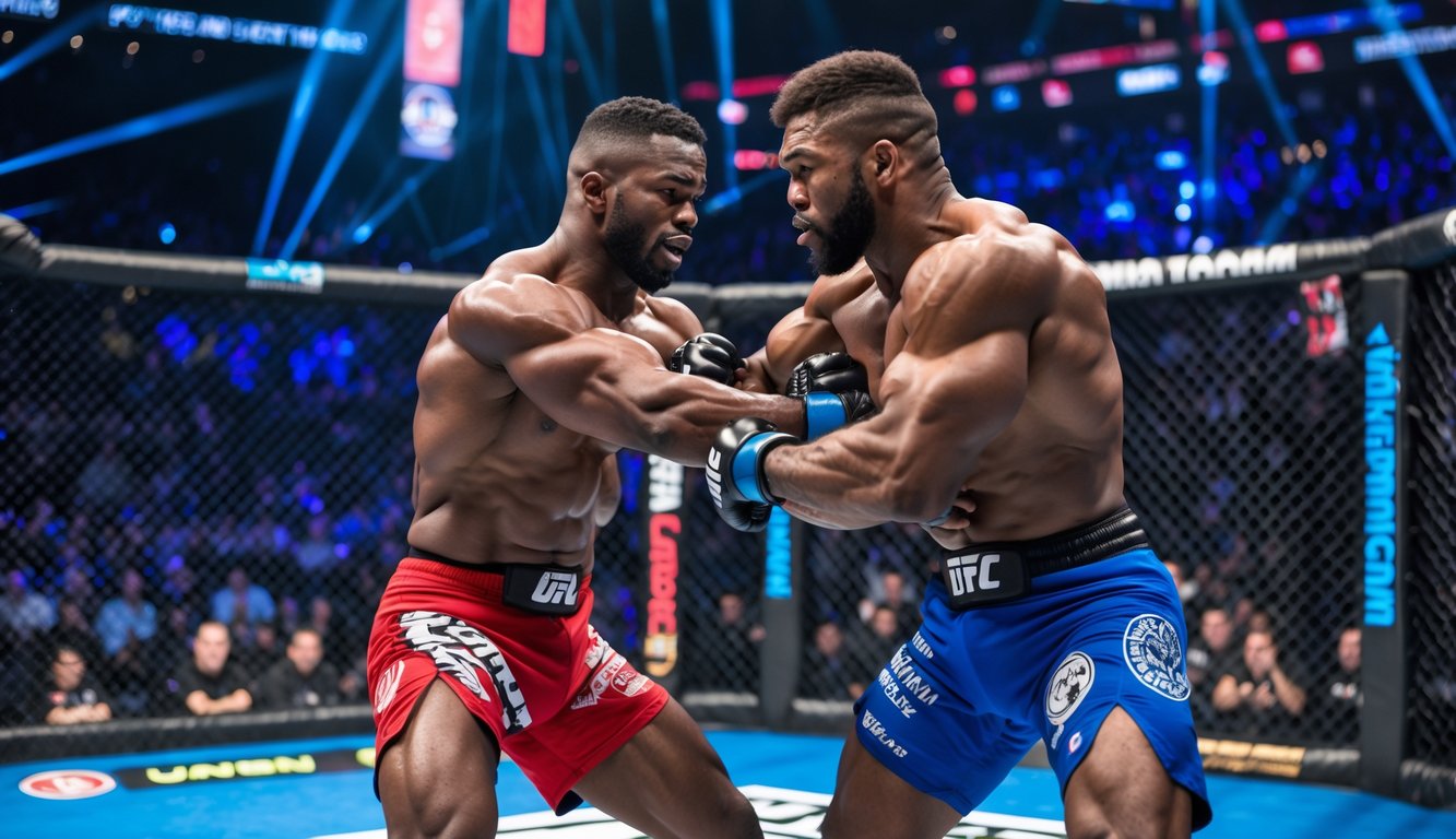 Dua petarung MMA sedang bertarung di dalam kandang octagon dengan penonton di latar belakang.