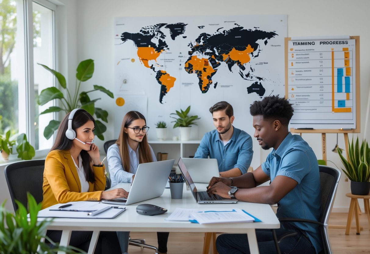 A group of professionals working remotely in a bright home office with a world map and training materials visible in the background.