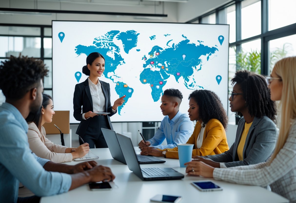 A group of people in an office attending a remote job training session with a virtual meeting and a world map showing relocation locations.