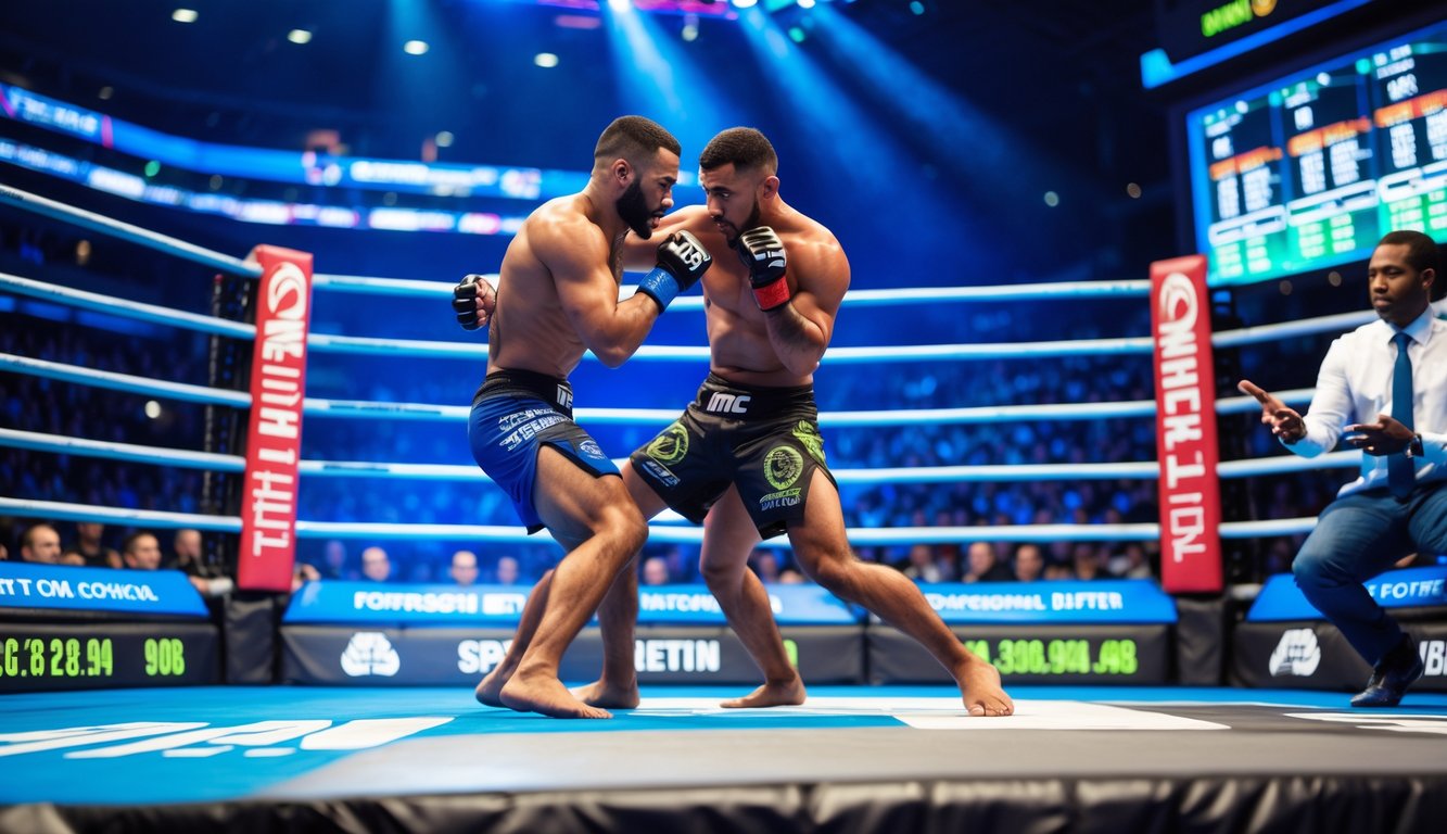Dua petarung MMA sedang bertarung di dalam kandang oktagon dengan penonton di latar belakang dan layar digital menampilkan statistik taruhan.