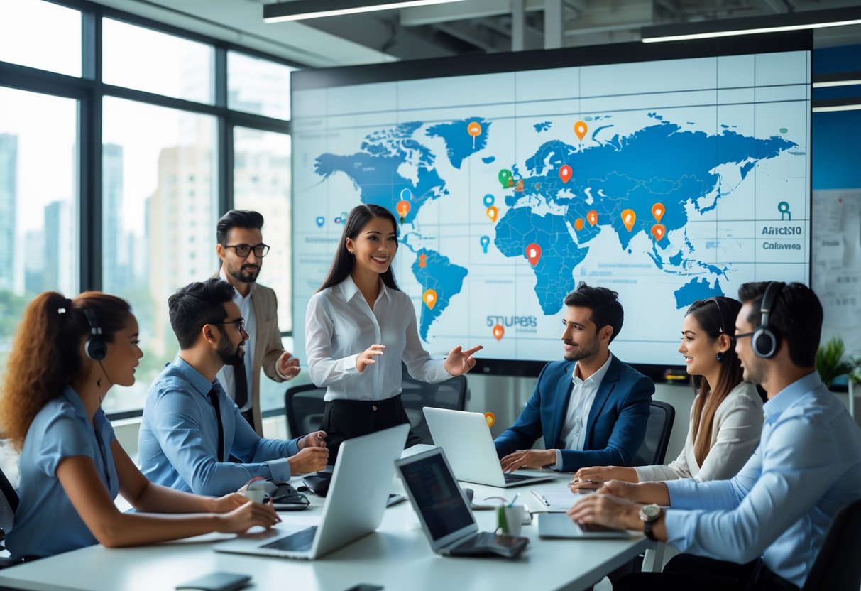 A group of professionals collaborating in an office with one person joining via video call, surrounded by laptops and a world map showing relocation points.