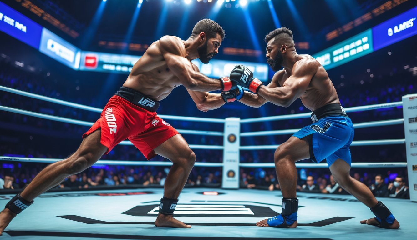 Dua petarung MMA sedang bertarung di dalam kandang octagon dengan penonton di latar belakang.
