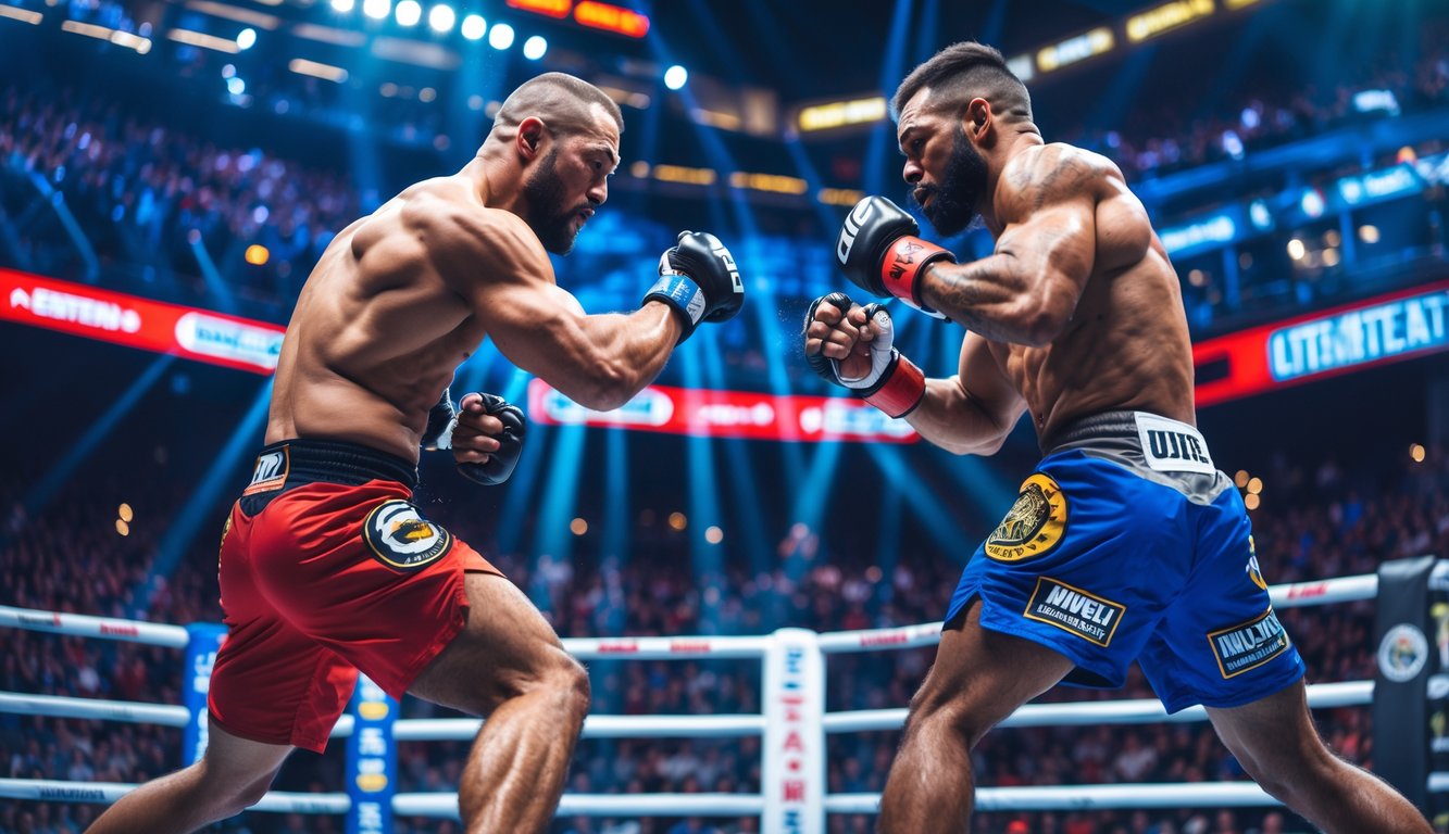 Dua petarung MMA sedang bertarung di dalam arena dengan penonton di latar belakang.