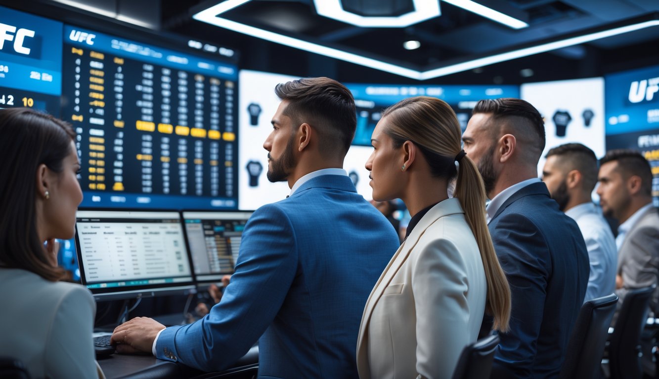 Orang-orang sedang melihat layar besar yang menampilkan data taruhan UFC di sebuah ruang taruhan modern.
