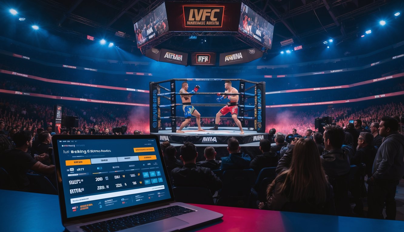 Suasana pertandingan MMA langsung dengan dua petarung di dalam oktagon dan penonton menyaksikan dari tribun, serta layar digital yang menampilkan siaran langsung.