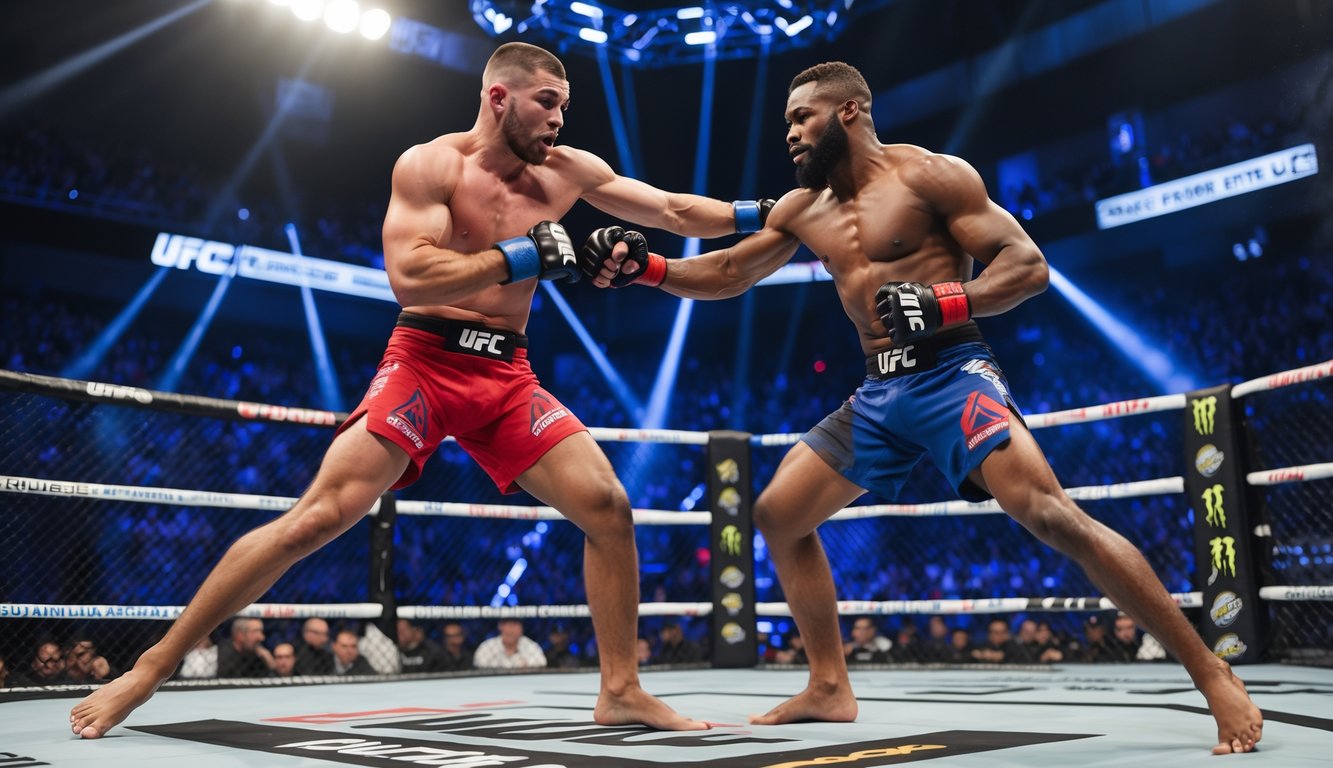 Dua petarung MMA sedang bertarung di dalam kandang UFC dengan penonton di latar belakang.