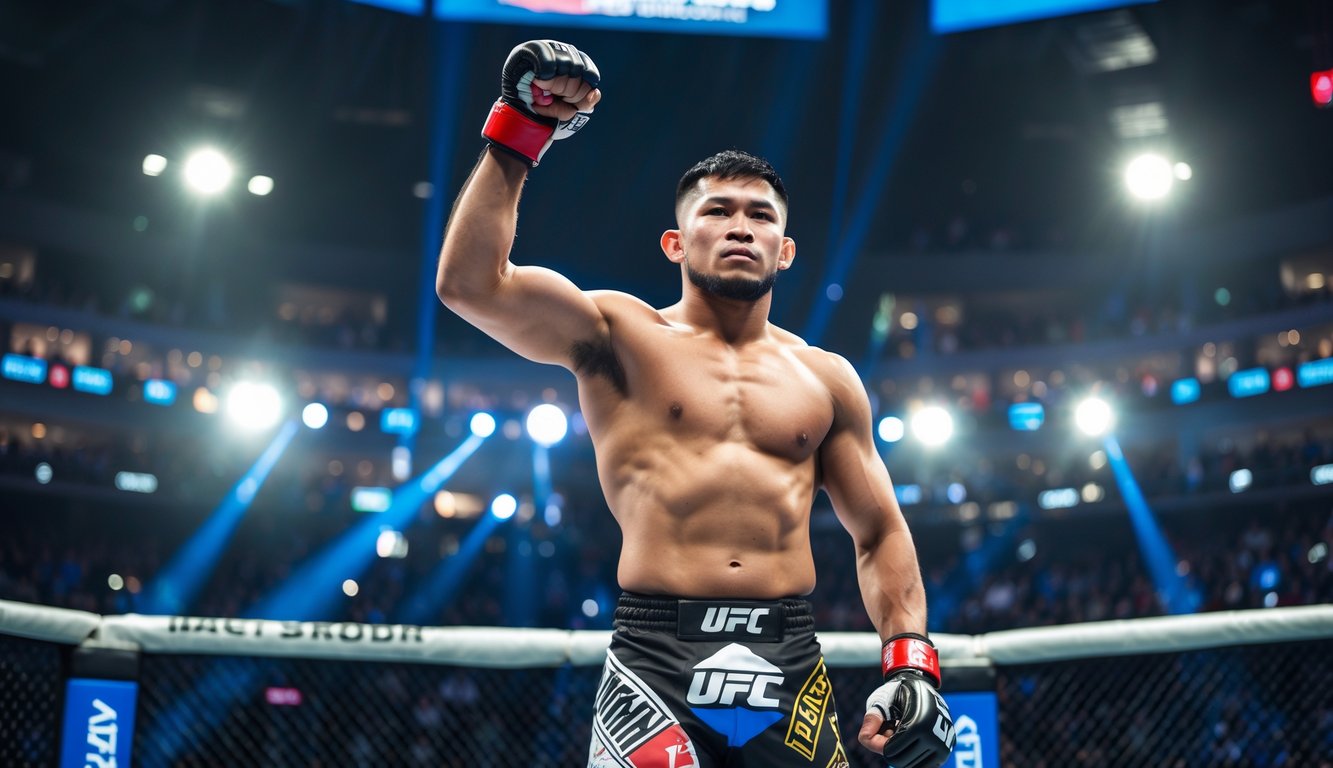 Seorang petarung MMA berdiri di dalam kandang octagon dengan satu tangan terangkat, menunjukkan kemenangan setelah pertandingan.