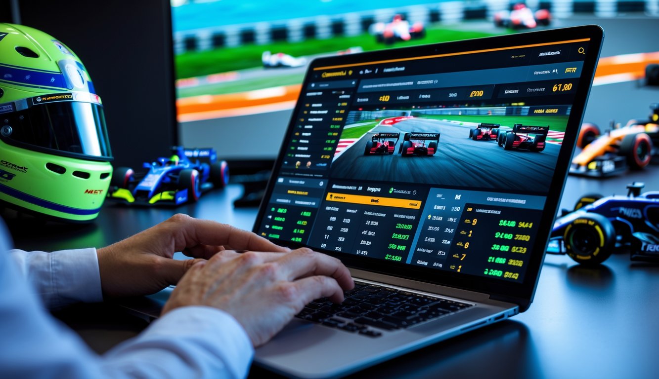 Seseorang menggunakan laptop dengan tampilan balapan Formula 1 dan opsi taruhan online di meja kerja yang dilengkapi model mobil balap dan helm balap.