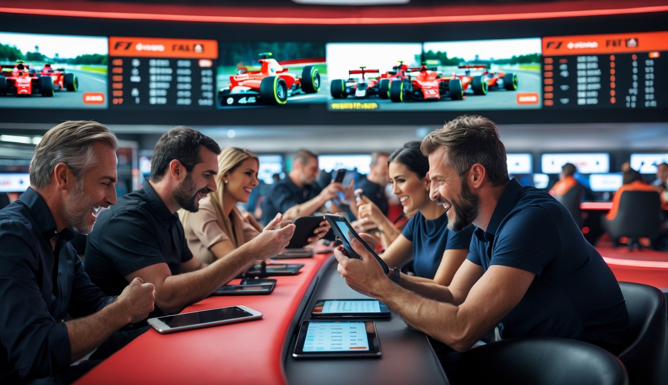 Orang-orang sedang memasang taruhan pada balapan Formula 1 di sebuah ruangan modern dengan layar besar menampilkan balapan secara langsung.