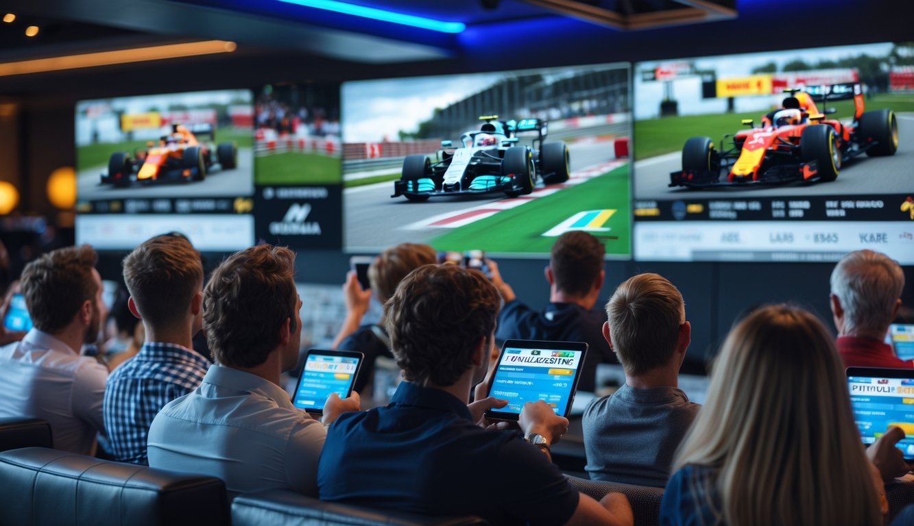 Sekelompok orang menonton balapan Formula 1 secara langsung di sebuah ruang taruhan dengan layar besar dan perangkat digital.