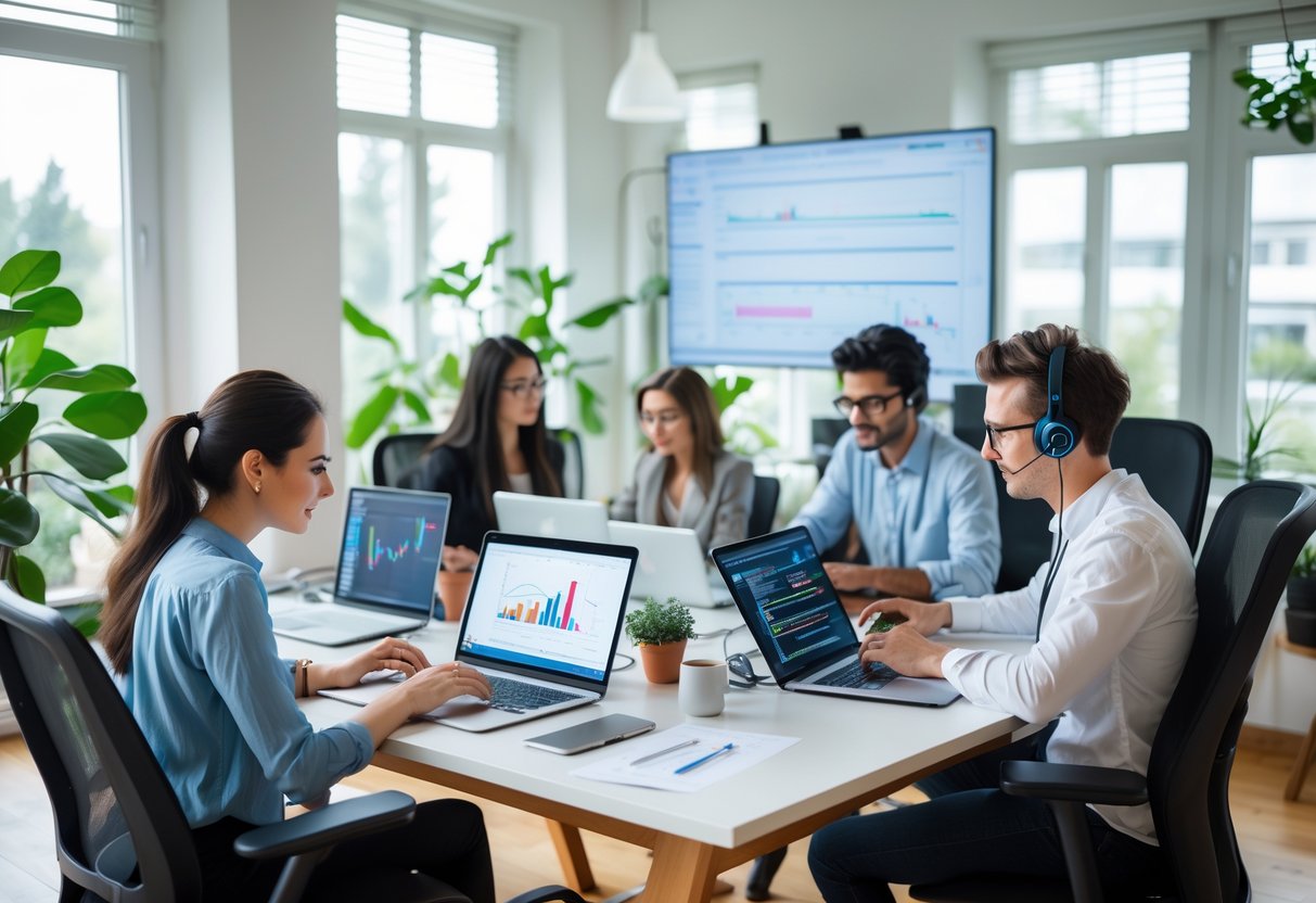 A diverse group of people working remotely on laptops and tablets in a bright home office with natural light and plants.