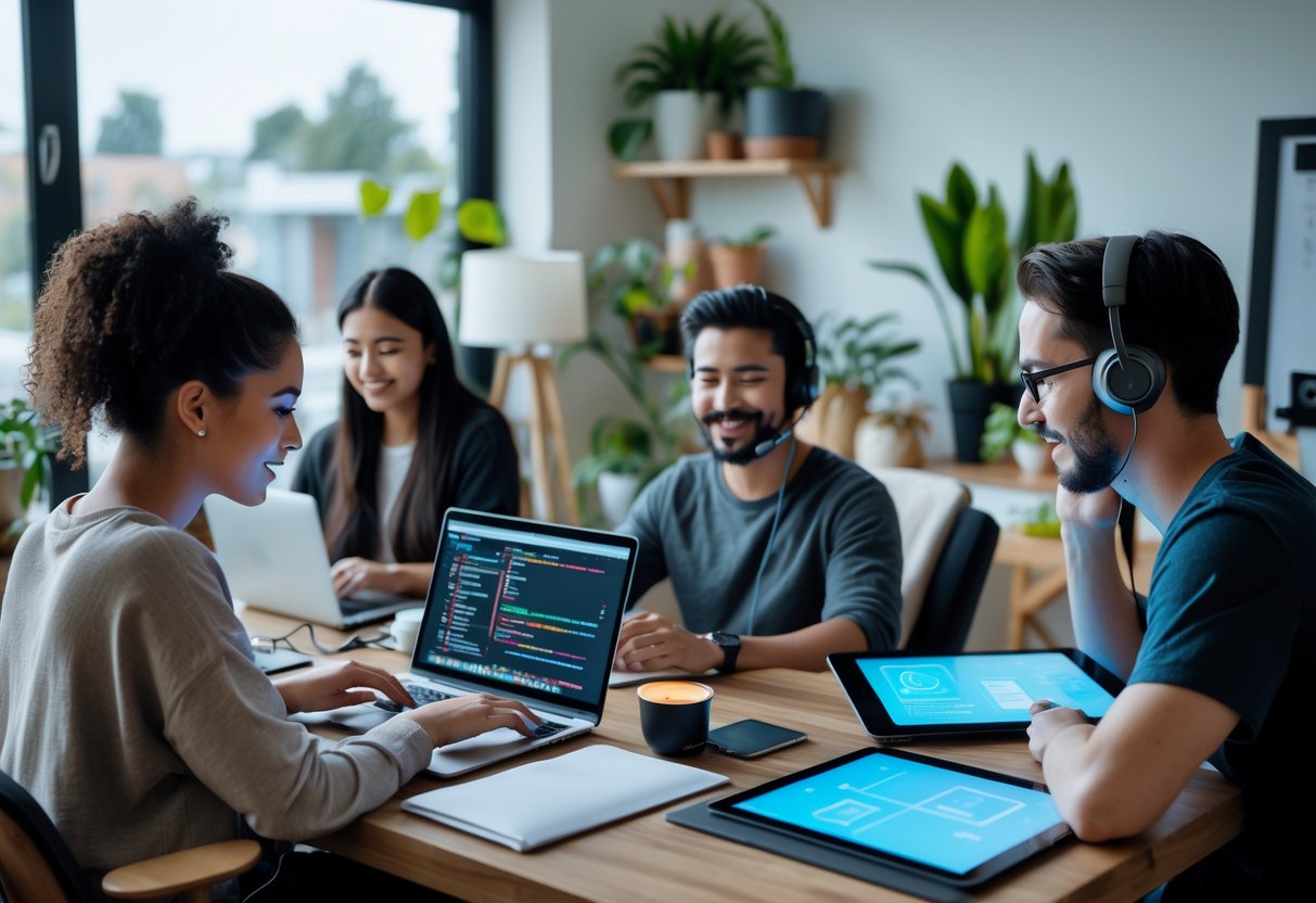A diverse group of people working remotely from their home offices using laptops and digital devices.