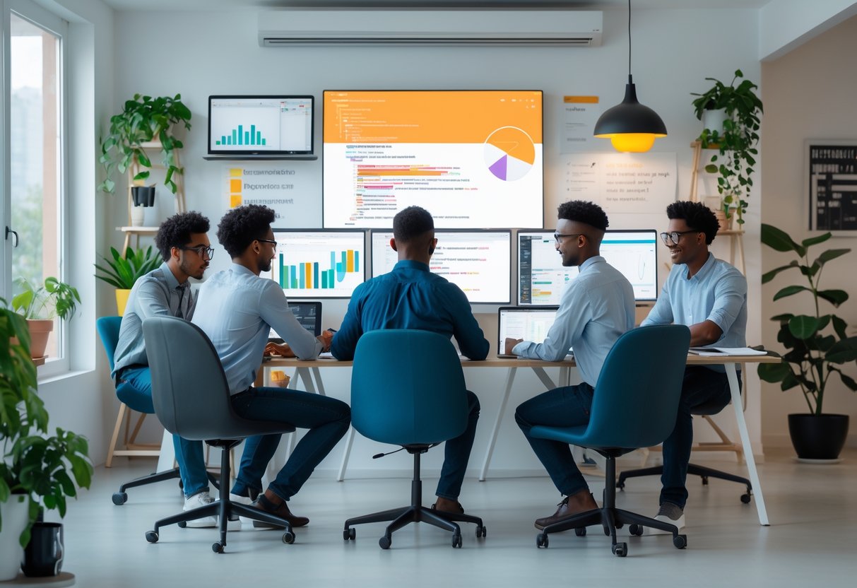 A diverse group of young professionals working together remotely in a bright home office, using laptops and digital devices.