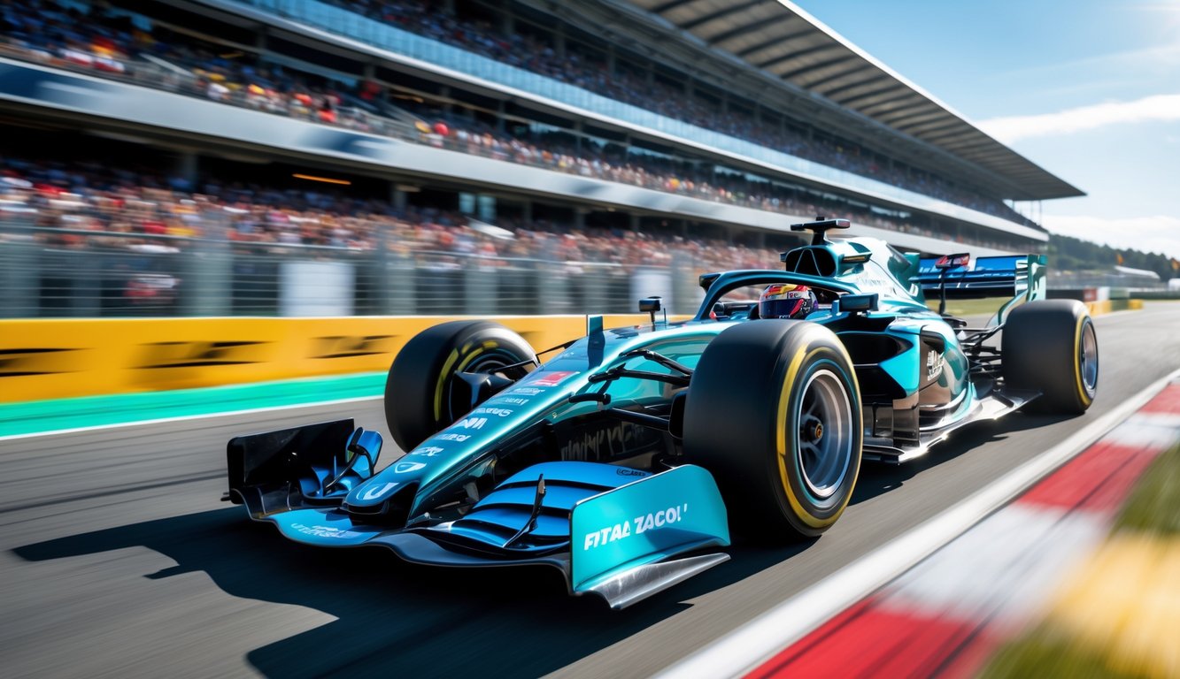 Mobil Formula 1 melaju cepat di lintasan balap dengan penonton ramai di tribun dan langit cerah.