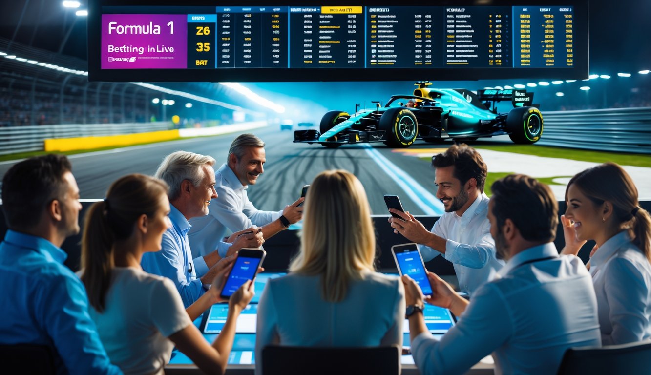 Orang-orang sedang memasang taruhan pada balapan Formula 1 dengan layar digital menampilkan statistik dan mobil balap F1 di latar belakang.