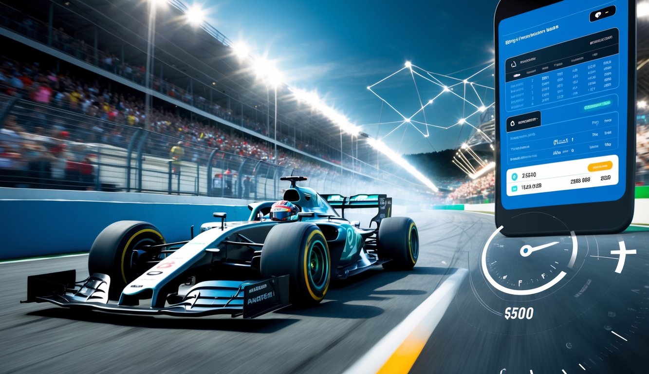 Mobil Formula 1 melaju cepat di lintasan balap dengan latar penonton dan elemen digital yang menunjukkan taruhan online.