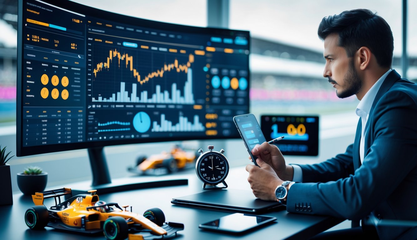 Seseorang sedang menganalisis data taruhan Formula 1 di sebuah meja kerja dengan monitor besar dan model mobil F1 kecil.