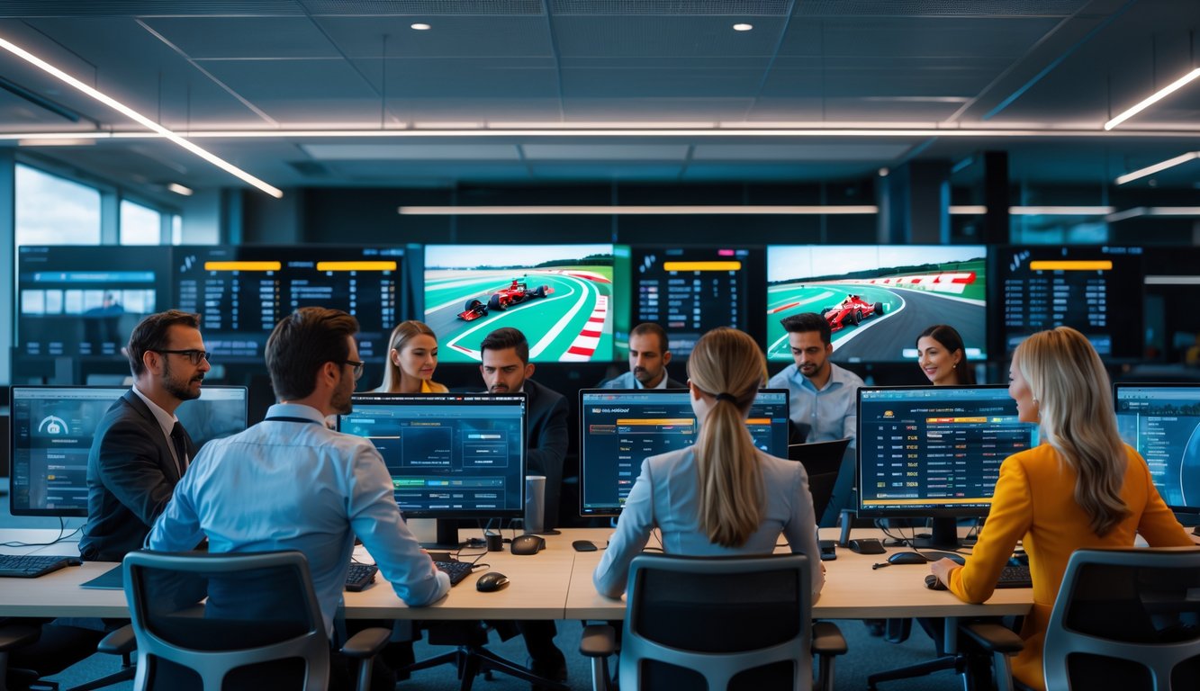 Seorang profesional sedang melihat data balapan Formula 1 di kantor modern dengan beberapa layar komputer.