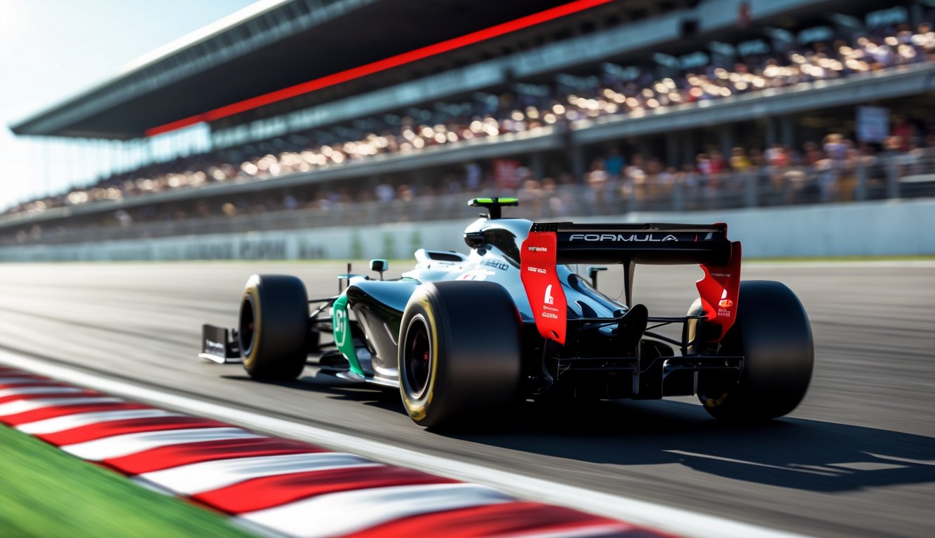 Mobil balap Formula 1 melaju cepat di lintasan dengan layar digital menampilkan antarmuka taruhan di latar depan dan penonton di tribun.