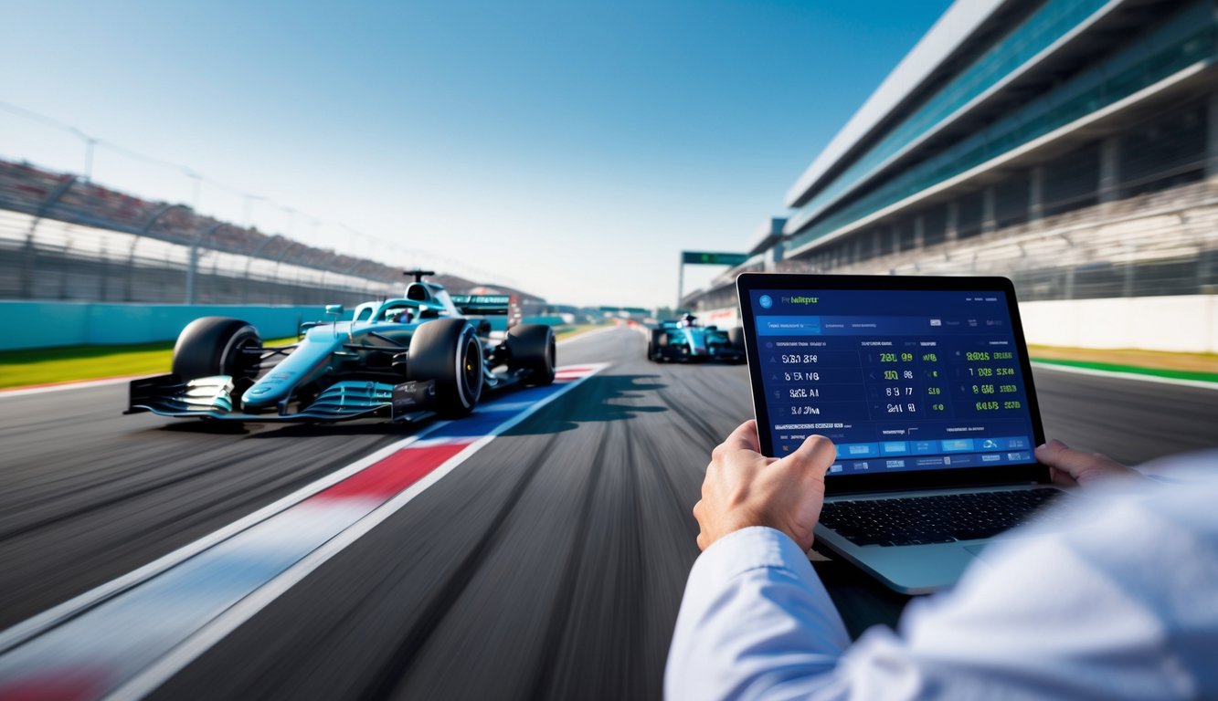 Seorang pria menggunakan laptop dan ponsel di depan layar dengan mobil balap Formula 1 yang melaju di lintasan balap.