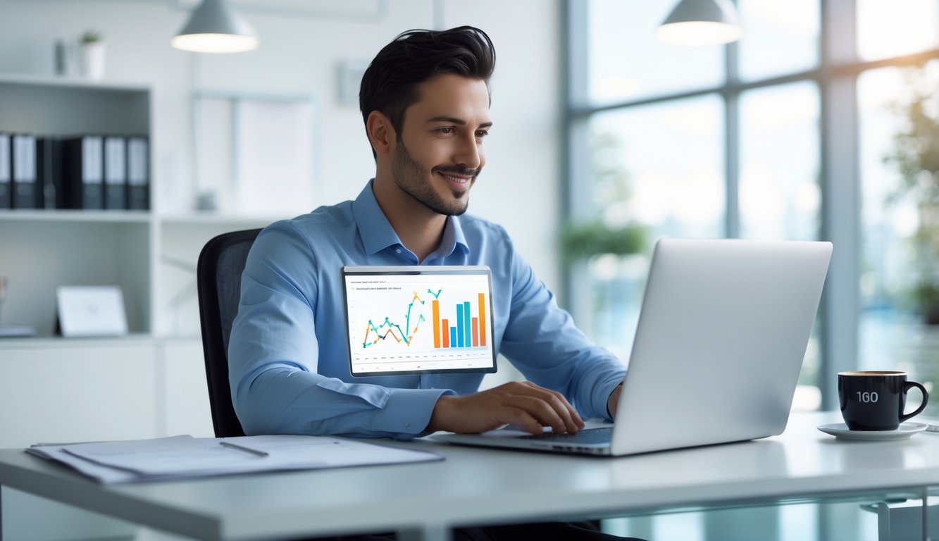 Seorang profesional duduk di meja kantor dengan laptop, menganalisis data dan terlihat percaya diri.