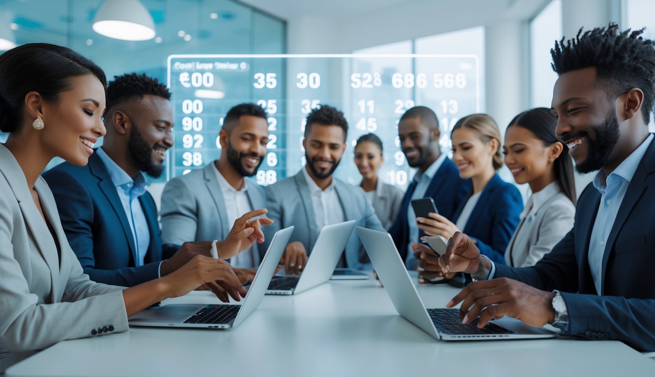 Sekelompok orang menggunakan perangkat digital dalam ruangan modern yang terang, fokus pada aktivitas terkait lotere online.