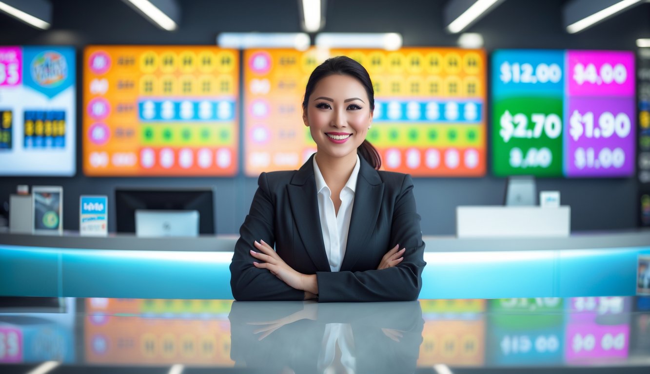 Seorang agen togel profesional tersenyum di balik meja dengan layar digital menampilkan angka togel dan hadiah besar.