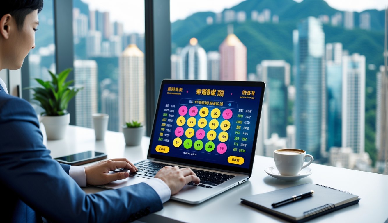 Seseorang sedang menggunakan laptop di kantor modern dengan pemandangan kota Hong Kong di latar belakang.