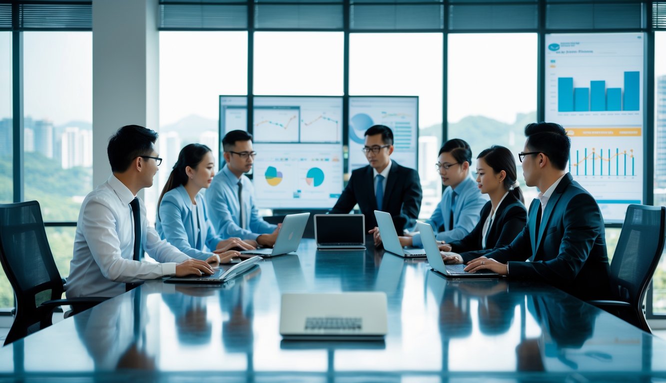 Sekelompok profesional Indonesia sedang bekerja bersama di ruang kantor modern dengan laptop dan grafik di layar komputer.
